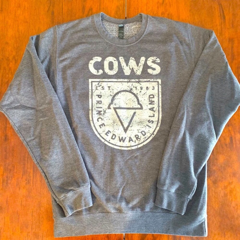 Official Cow’s Ice Cream sweatshirt, Distressed Logo, Charcoal Gray, size XS